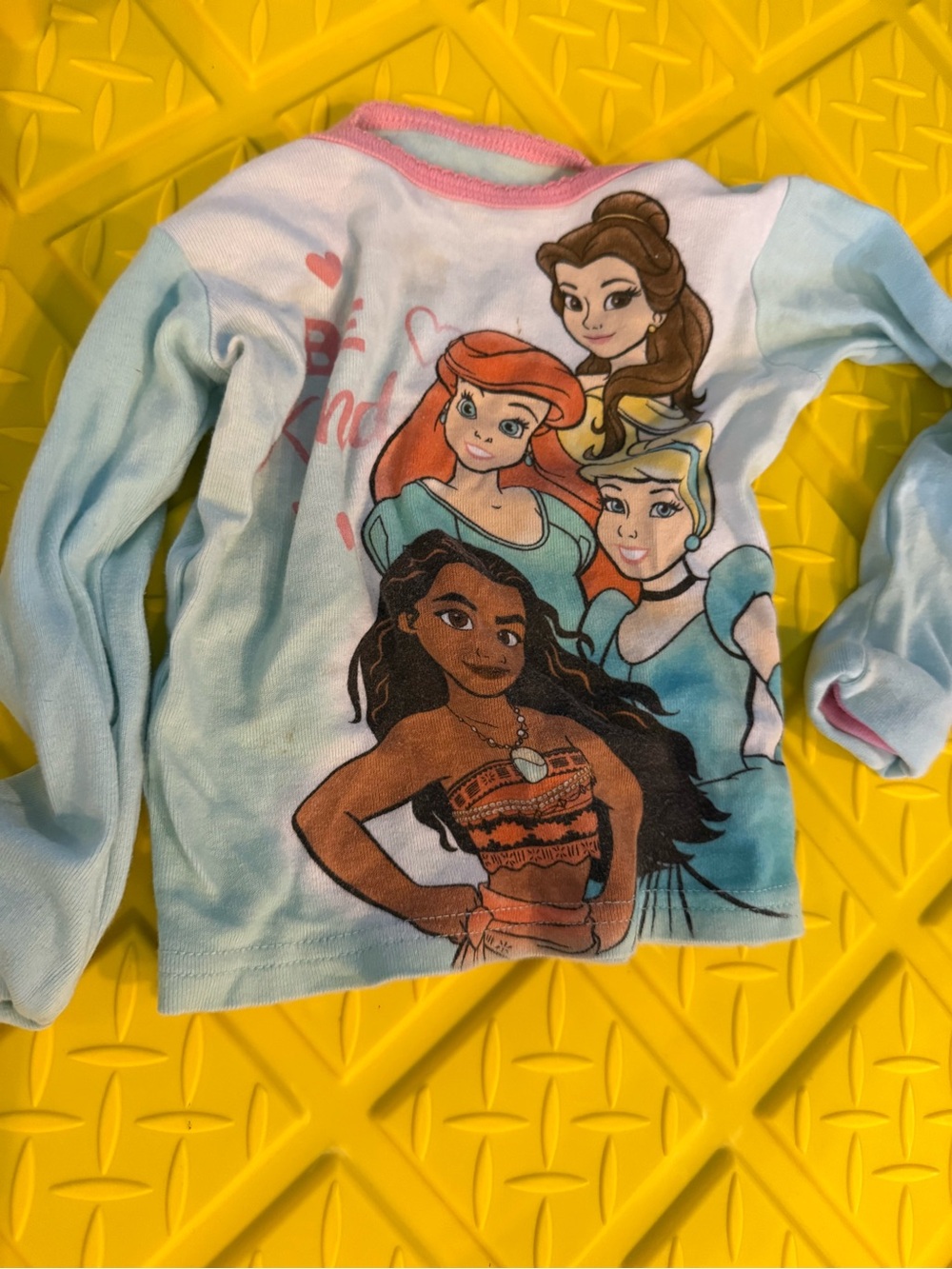 Disney Girls' Light Blue Long Sleeve Top with Princess Print and Pink Trim